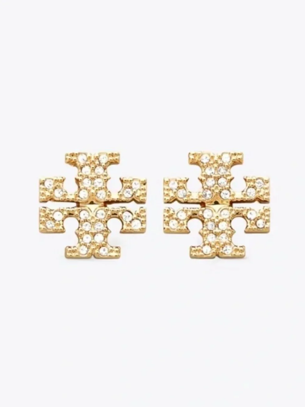 Tory Burch Crystal Double T Logo Stud Earrings Gold Tone Pavé Logo Earrings
